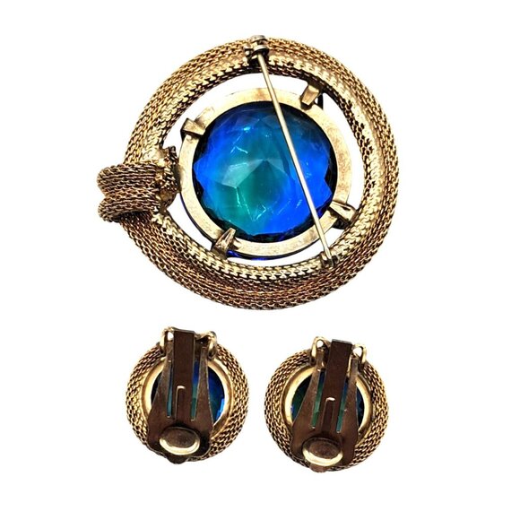 Vintage Rhinestone Jewelry Set Brooch Earrings Givre' or Sabrina Blue Green Glas - Picture 2 of 12